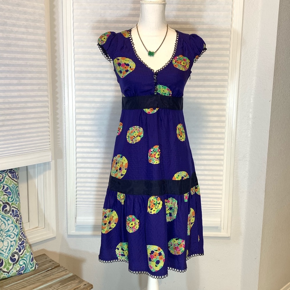 Blue Maeve Lighthouse Route Scalloped Silk Dress